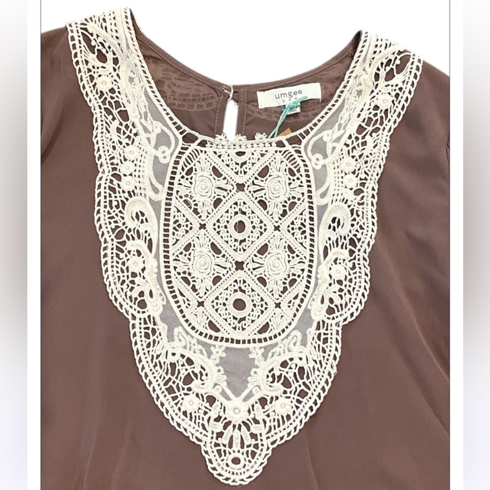 New Umgee Mocha Brown Large Sheer Patch Lace Tunic with Bell Sleeves - Picture 3 of 11